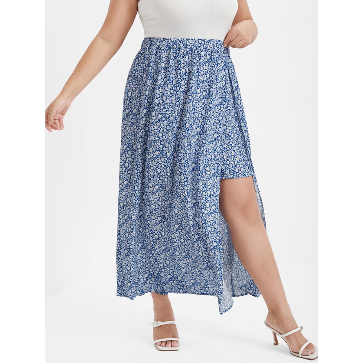 Plus Size Ditsy Floral Printed Irregular Loose Skirt Women LightBlue Elegant Gathered Loose No stretch Dailywear Skirts BloomChic 30/6X Product Image
