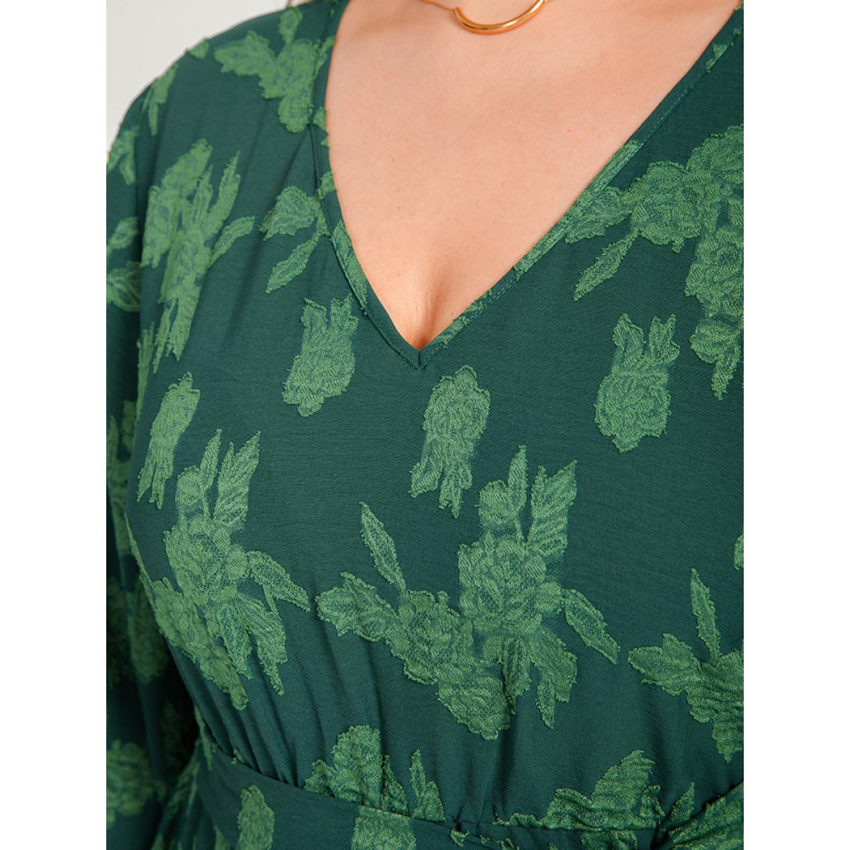 Plus Size Floral Print Lantern Sleeve Pocket Belted Midi Dress Green Women Elegant Pocket V-neck Long Sleeve Curvy Midi Dress BloomChic 18-20/2X Product Image