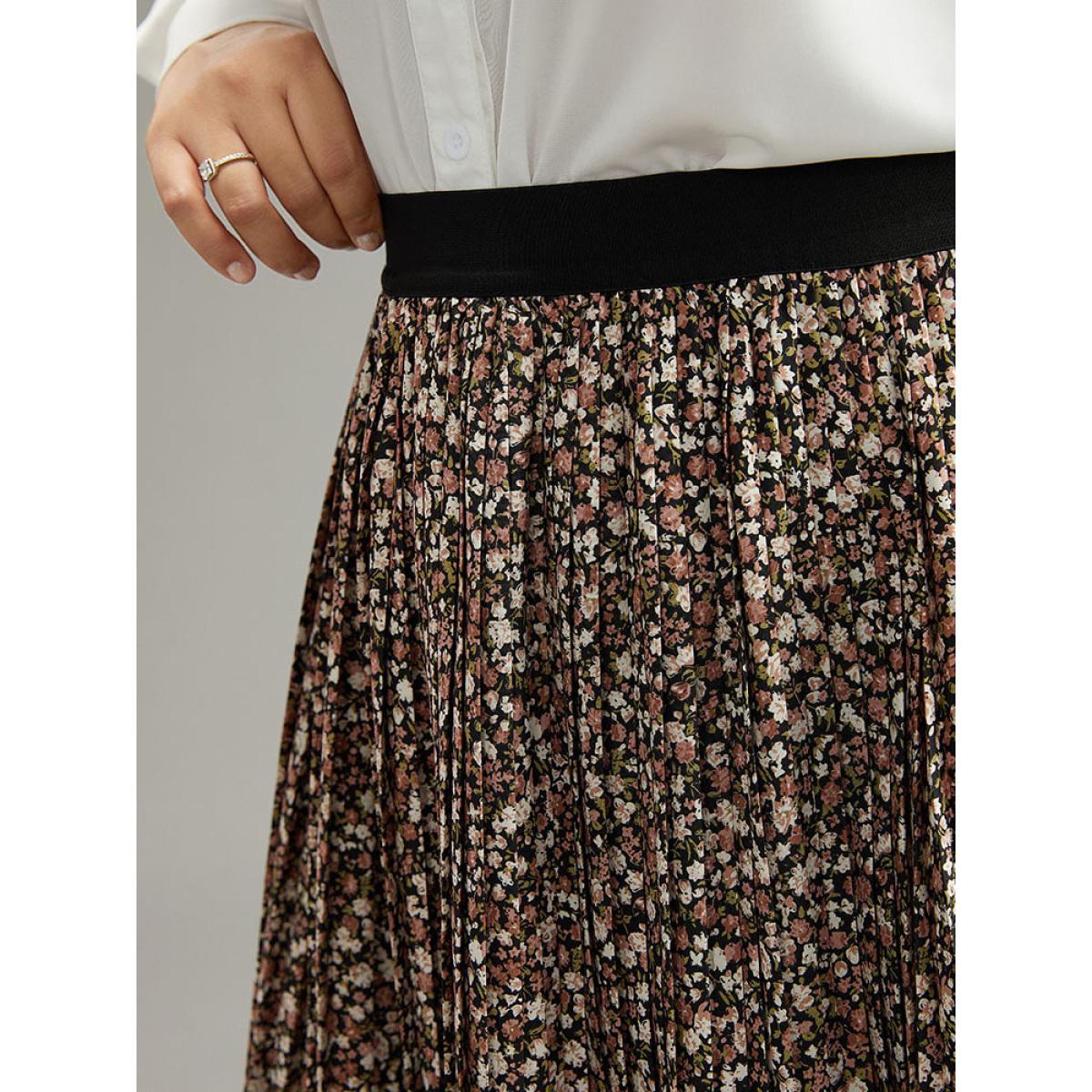 Plus Size Ditsy Floral Elastic Waist Midi Skirt Women Multicolor Elegant Pleated No stretch Dailywear Skirts BloomChic 28/5X Product Image