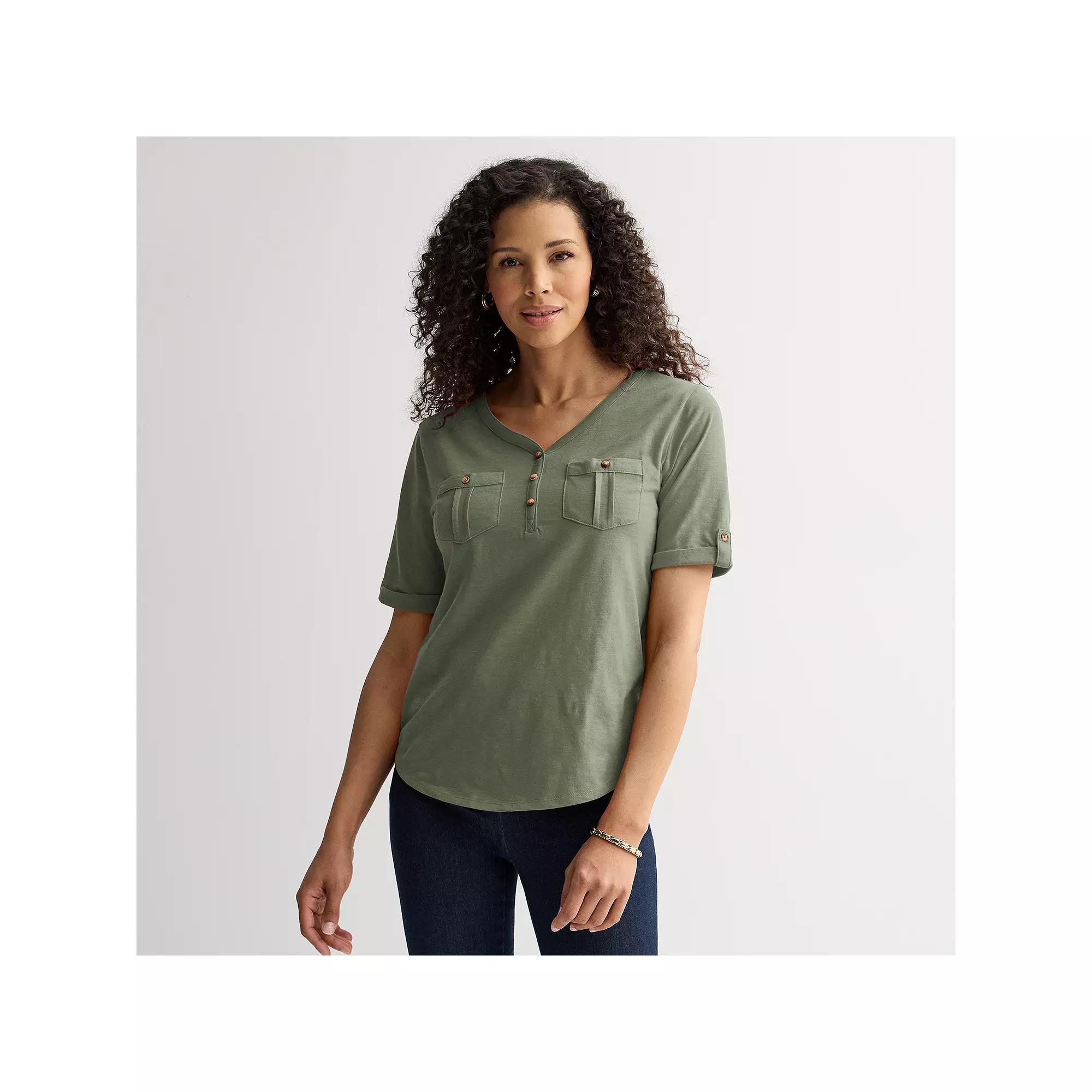 Women's Croft & Barrow® Elbow Sleeve Utility Henley Top, Size: XS, Manolo Green Product Image