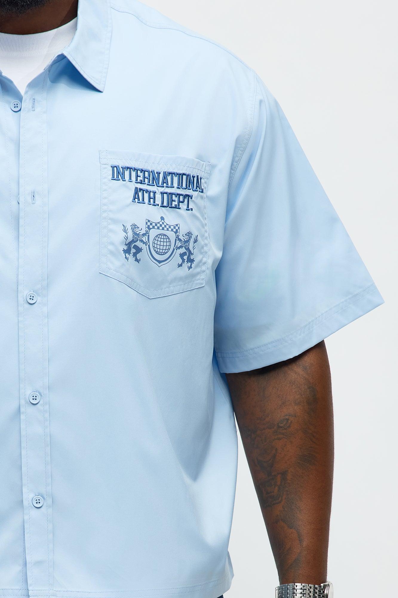 Cropped Athletic Dept. Short Sleeve Button Up Shirt - Blue Male Product Image