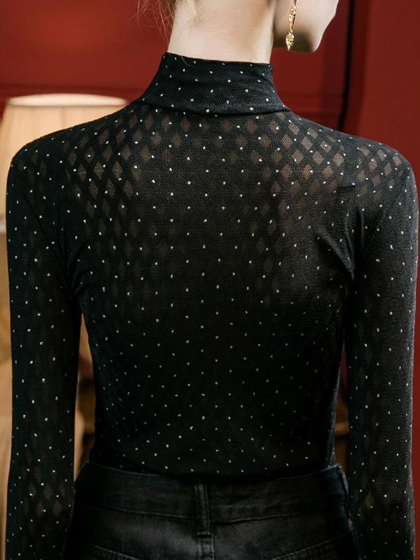 Long Sleeves Plus Size Rhine Stones See-Through Split-Joint Mock Neck T-Shirts Tops Product Image