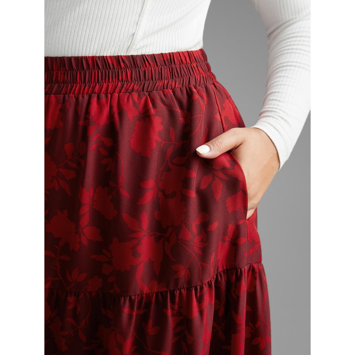 Plus Size Silhouette Floral Print Ruffle Layered Hem Skirt Women Deepred Elegant Loose Low stretch Side seam pocket Everyday Skirts BloomChic 18-20/2X Product Image