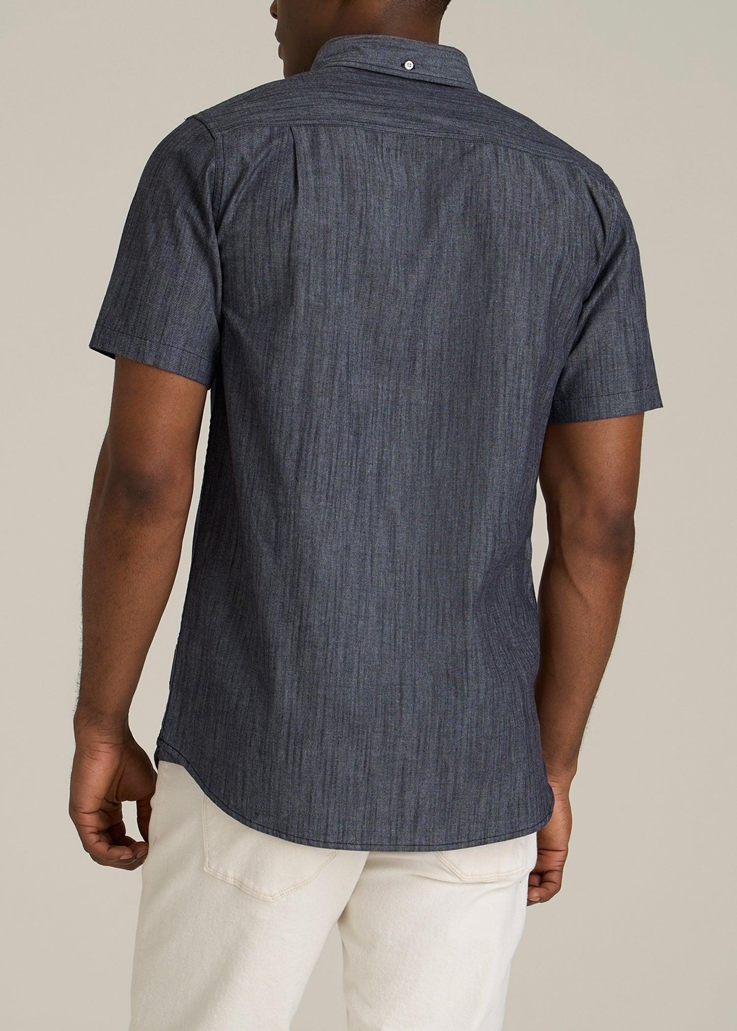 Short Sleeve Stretch Chambray Shirt for Tall Men in Dark Blue Chambray Male Product Image