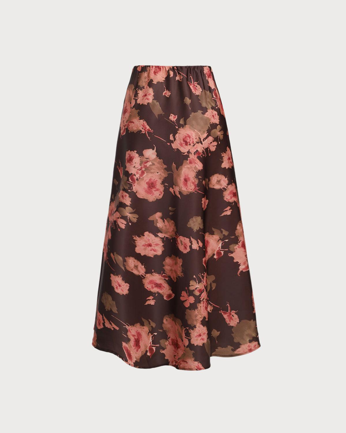 Brown Floral Straight Midi Skirt Product Image