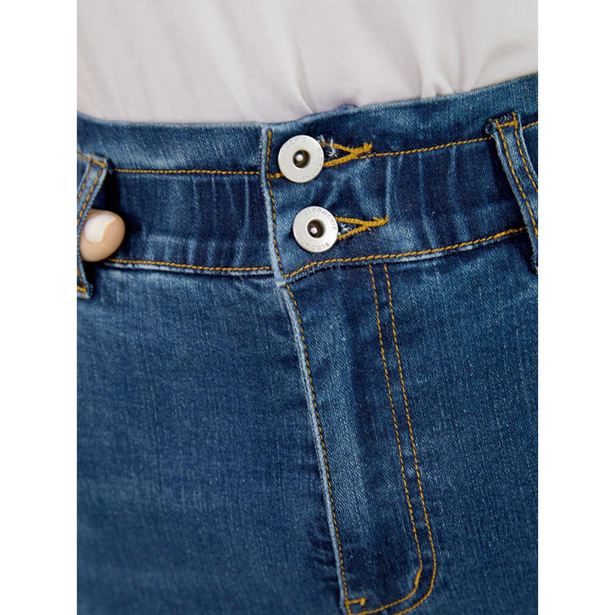 Plus Size Very Stretchy High Rise Medium Wash Ripped Jeans Women Indigo Casual Plain High stretch Pocket Jeans BloomChic 28/5X Product Image