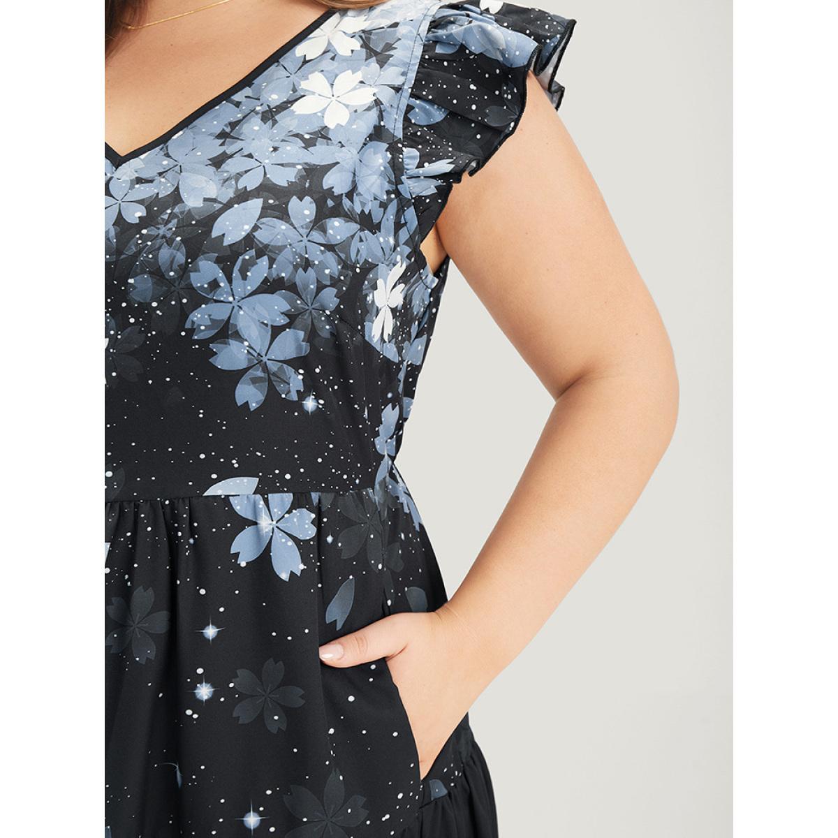 Plus Size Pixel Flower Pocket Cap Sleeve Layered Hem Dress BlackFlower Women Elegant Tiered V-neck Cap Sleeve Curvy Knee Dress BloomChic 10/M Product Image