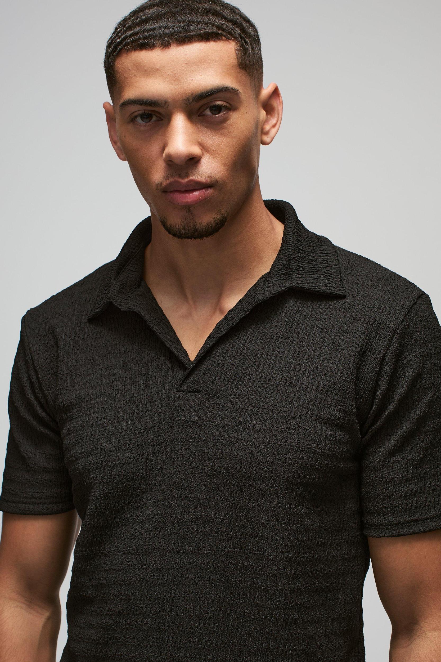 Slim Textured Revere Polo | boohooMAN USA Product Image
