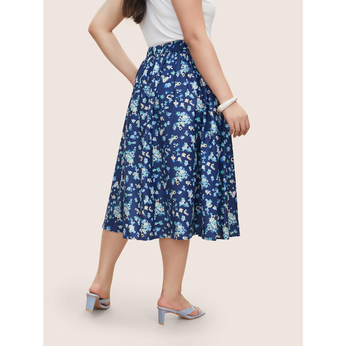 Plus Size Ditsy Floral Print Elastic Waist Pocket Midi Skirt Women Aegean Elegant Non No stretch Slanted pocket Everyday Skirts BloomChic 10/M Product Image