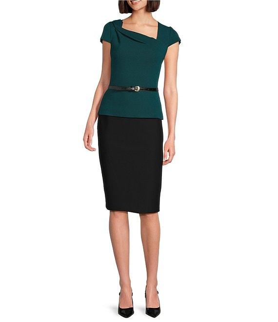 Donna Karan Asymmetric Neck Short Sleeve Belted Knit Top Product Image