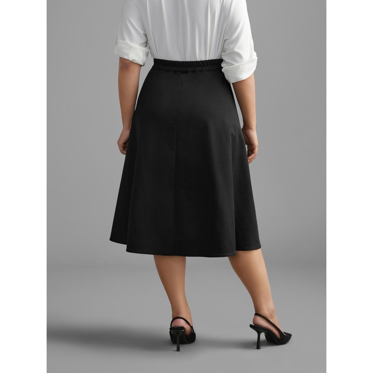 Plus Size Solid Button Up Slightly Stretchy Skirt Women Black At the Office Button Loose Low stretch Slanted pocket Work Skirts BloomChic 22-24/3X Product Image