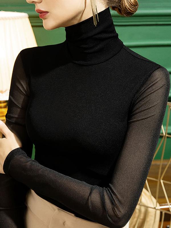 Long Sleeves Plus Size See-Through Solid Color Split-Joint High Neck T-Shirts Product Image