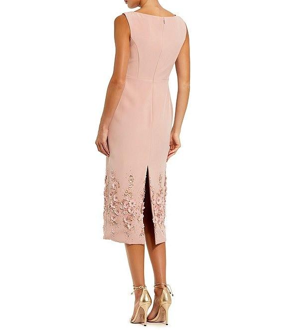 Mac Duggal Boat Neck Sleeveless 3D Floral Applique Crepe Sheath Midi Dress Product Image