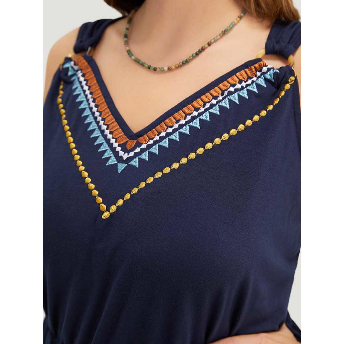 Plus Size Geometric Embroidered Buckle Detail Pocket Ruffle Hem Cami Dress Indigo Women Vacation Embroidered V-neck Sleeveless Curvy Midi Dress BloomChic 18-20/2X Product Image
