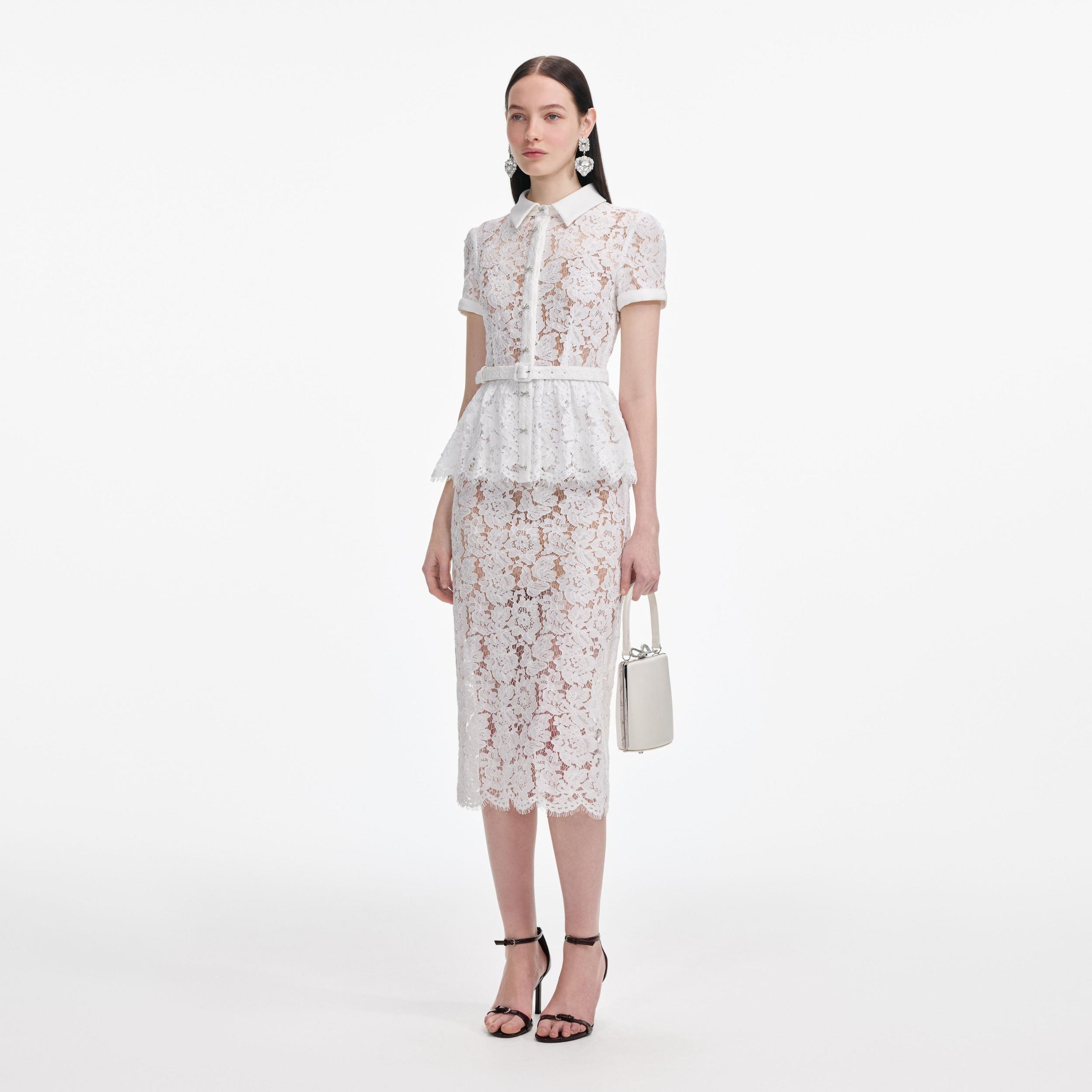 White Lace Peplum Midi Dress Product Image