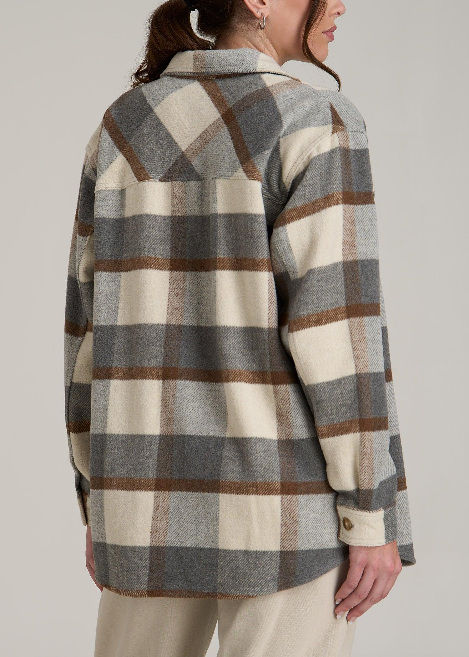 Flannel Shacket for Tall Women in Grey and Cream Plaid Female Product Image