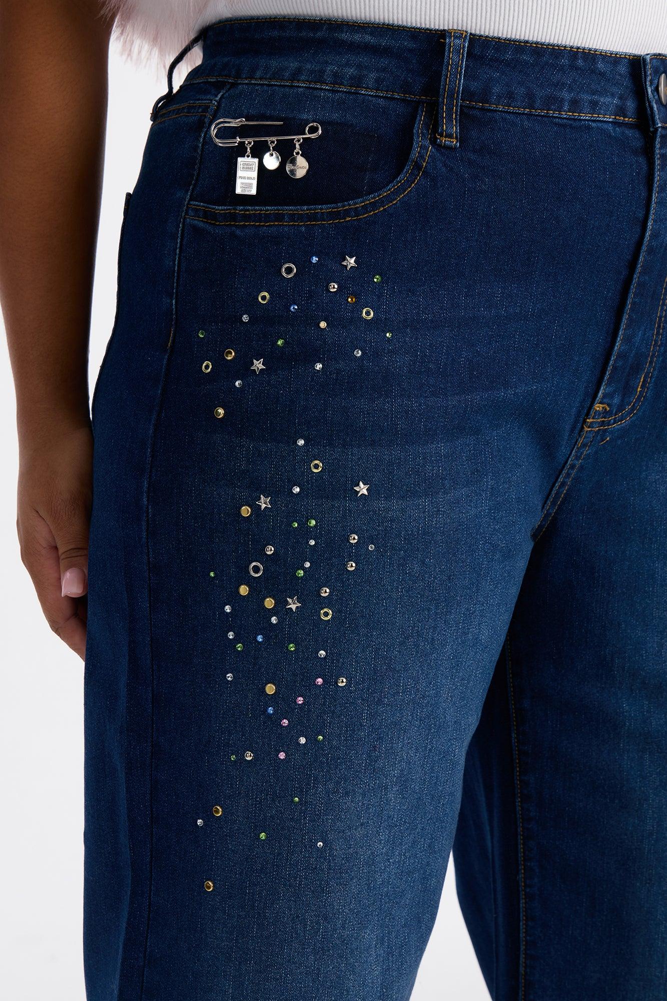 Drama Queen Embellished Straight Leg Jeans - Dark Wash Female Product Image