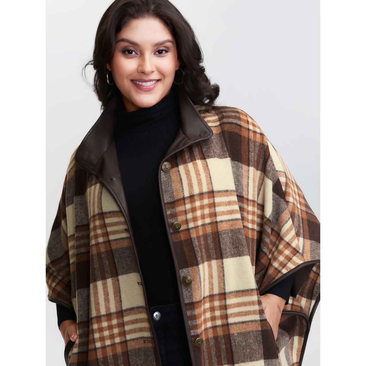 Plus Size Plaid Print Collar Pockets Coat Women Browncoffeecolor Leisure Loose Ladies Casual Winter Coats BloomChic 12/L Product Image