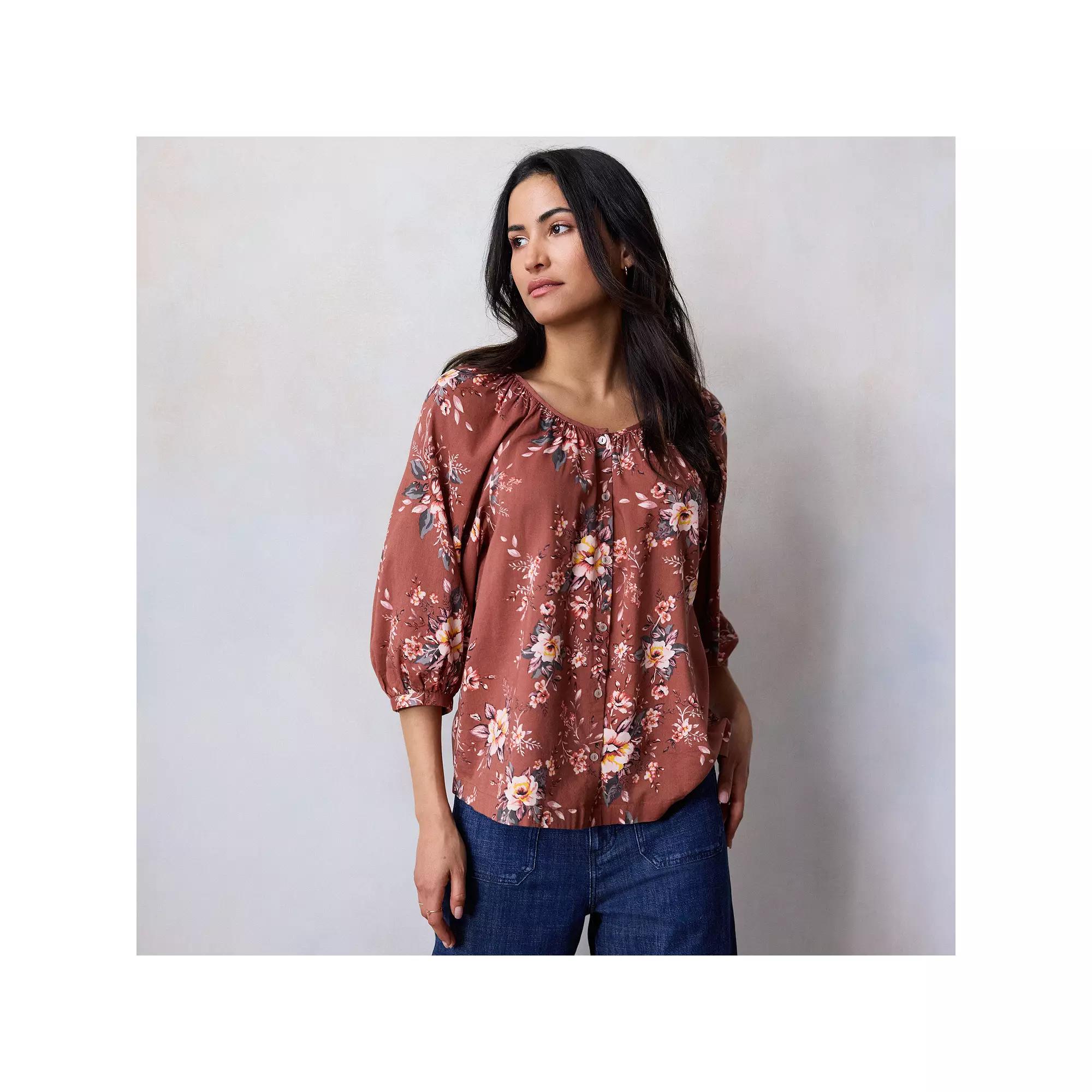 Women's LC Lauren Conrad Raglan Sleeve Button Front Top, Size: Large, Red Genevieve Garden Product Image