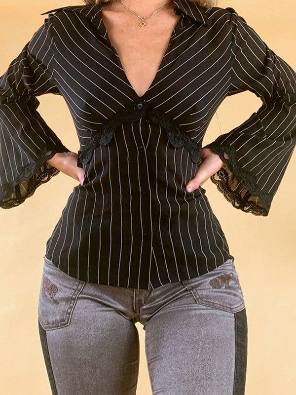 Lace Paneled Long Sleeve Striped Blouse Product Image