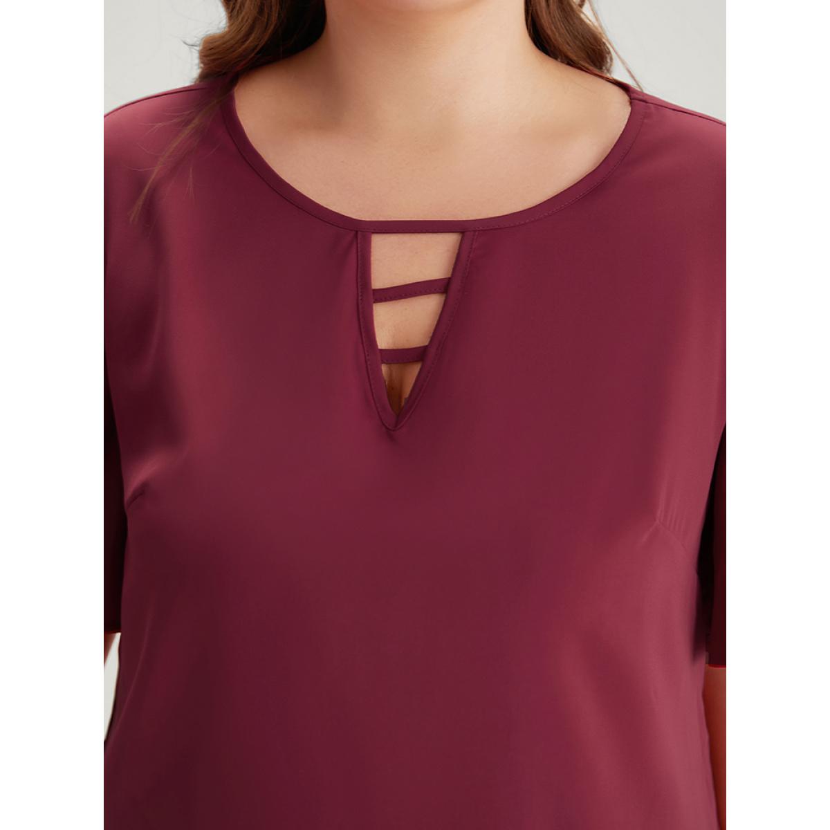 Plus Size Indigo Plain Ruffle Sleeve Cut Out Blouse Women Office Short sleeve Keyhole Cut-Out Office Blouses BloomChic 12/L Product Image