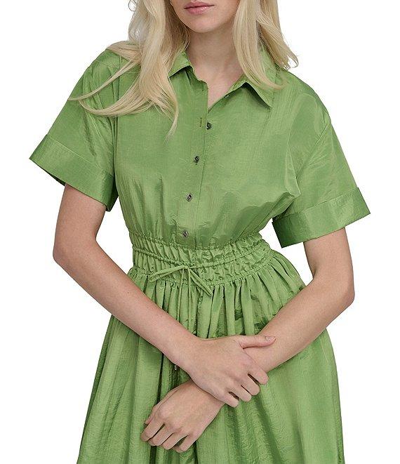 DKNY by Donna Karan Point Collar Neck Short Sleeve Cinch Waist Button Front Shirt Maxi Dress Product Image