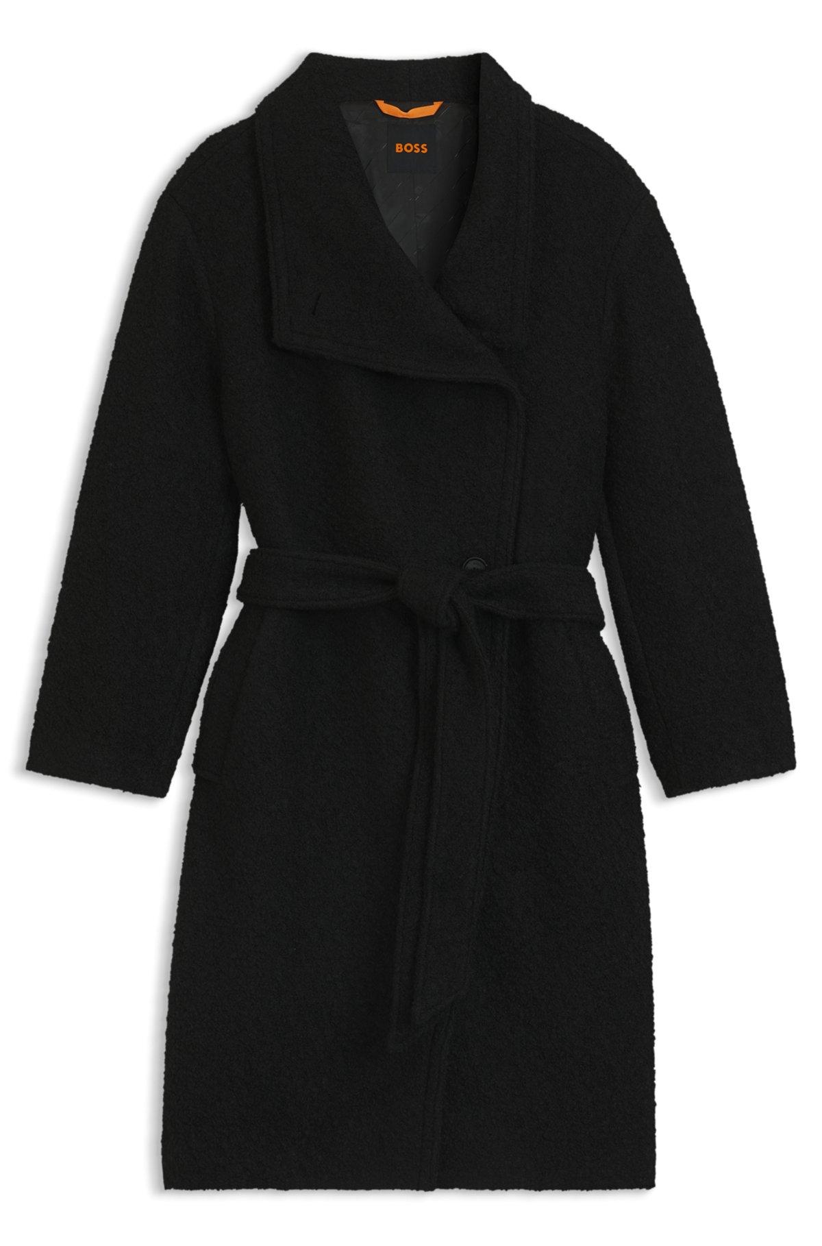 Bouclé coat with belt and stand collar Product Image
