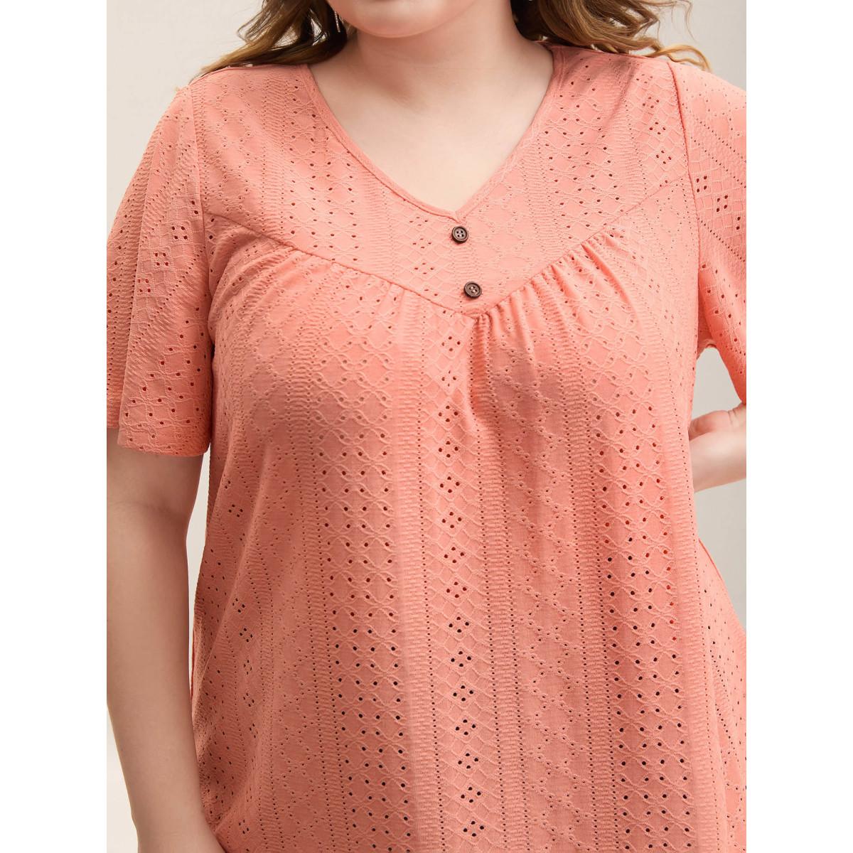 Plus Size Textured Button Detail Pleated T-Shirt Coral Women Casual Texture V-neck Everyday-Casual T-shirts BloomChic 26/4X Product Image