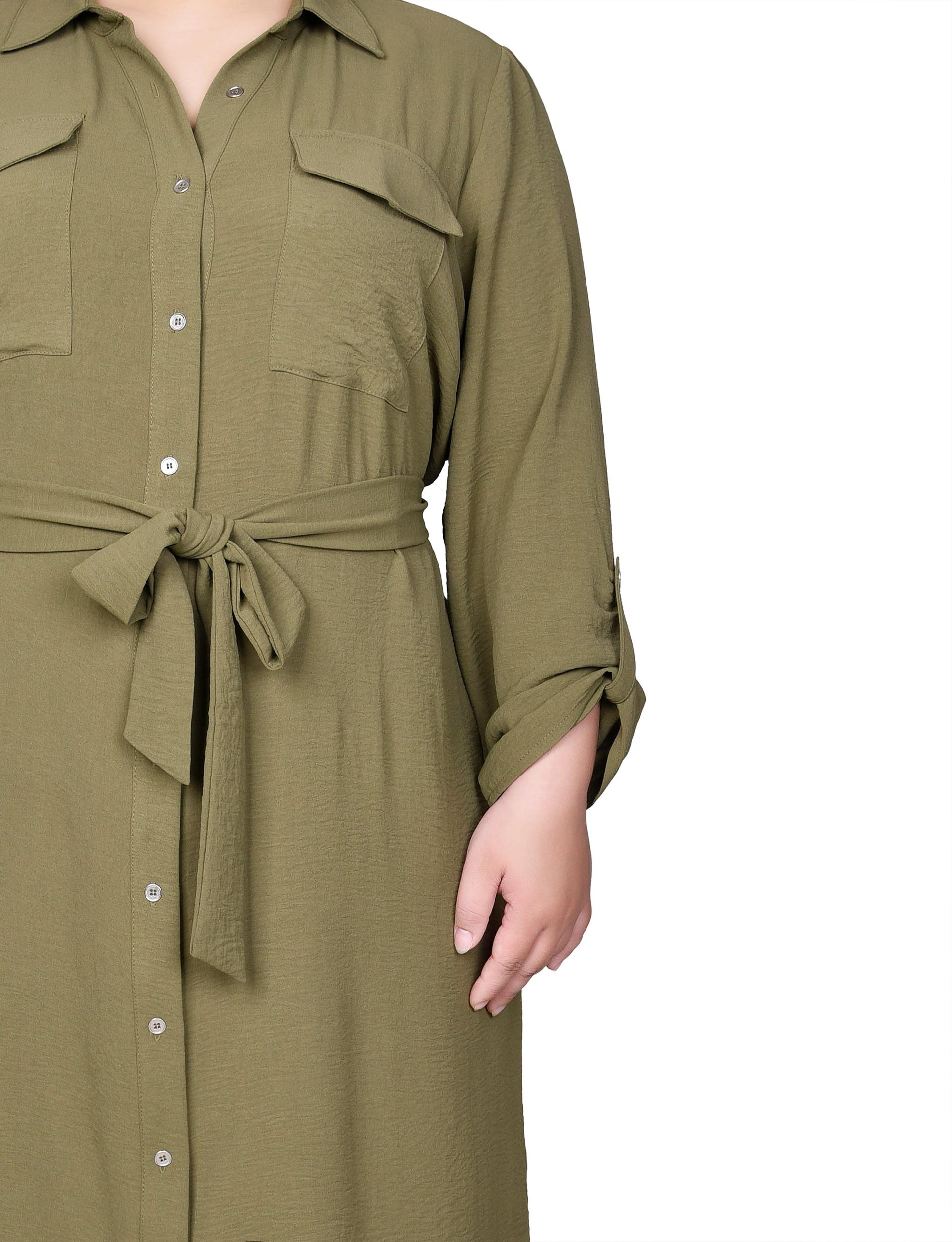 Burnt Olive Long Roll Tab Sleeve Shirtdress - Plus Product Image