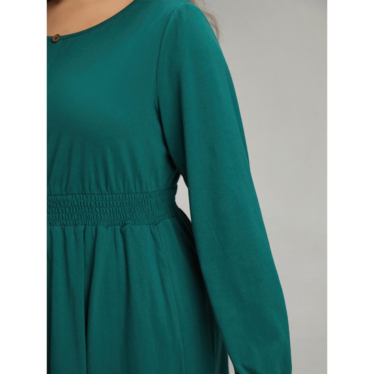 Plus Size Cotton Shirred Button Detail Dress Cyan Women Casual Elastic cuffs Round Neck Long Sleeve Curvy Midi Dress BloomChic 14-16/1X Product Image