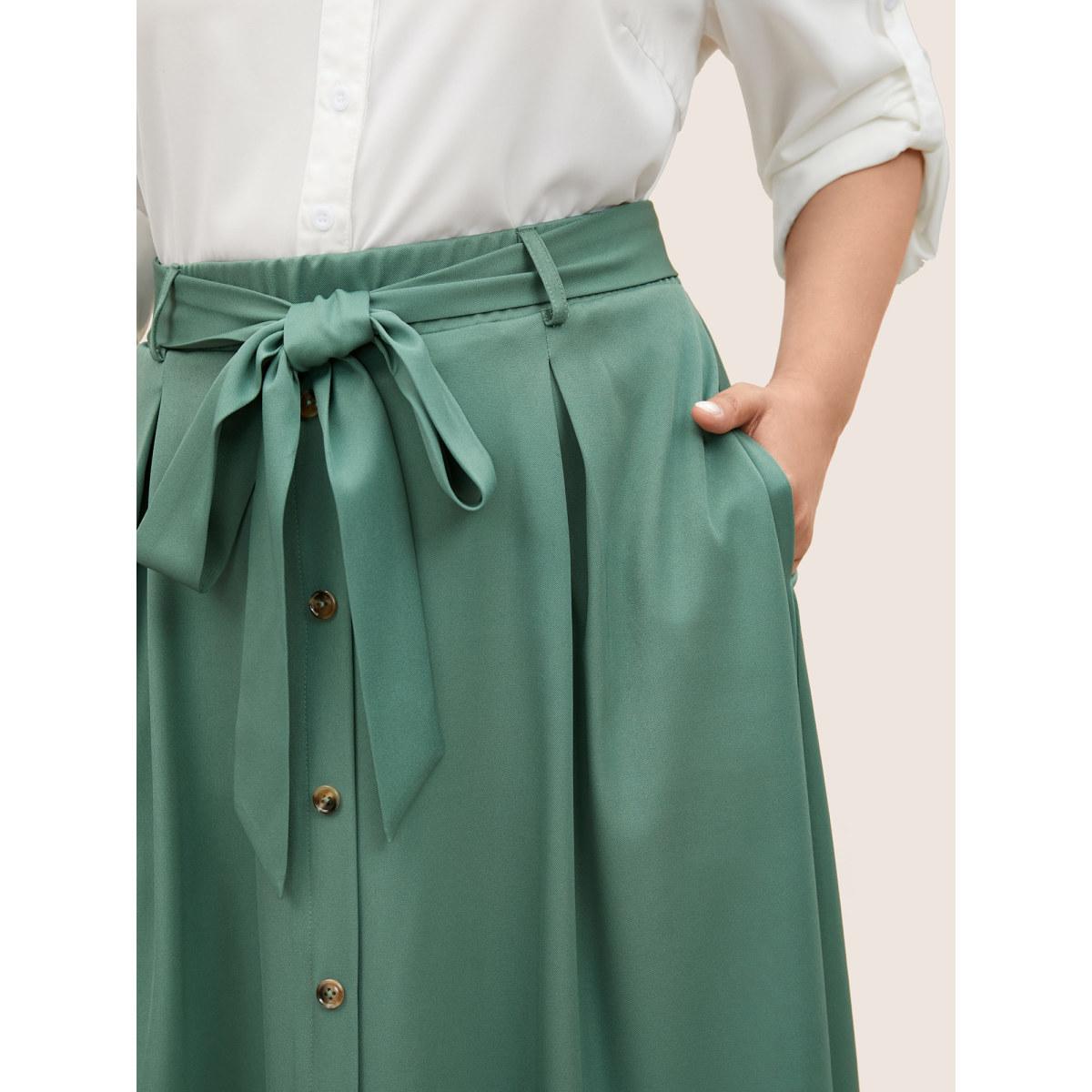 Plus Size Plain Elastic Waist Pleated Belted Skirt Women Mint At the Office Belted No stretch Slanted pocket Belt Work Skirts BloomChic 18-20/2X Product Image