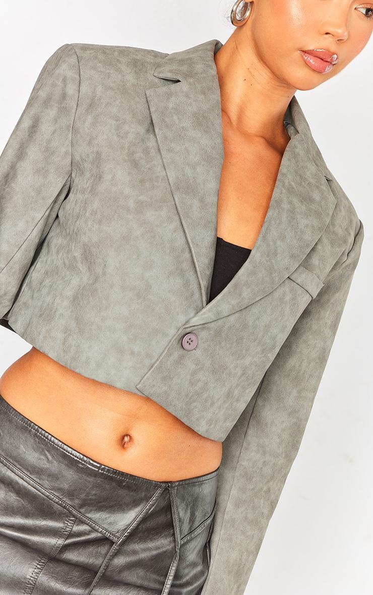 Grey Distressed Look Faux Leather Cropped Blazer Product Image