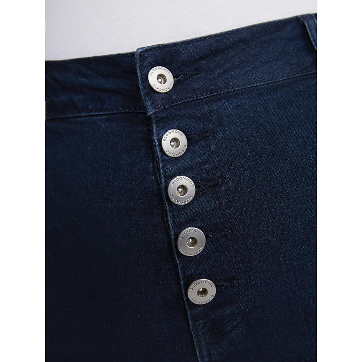 Plus Size Slightly Stretchy High Rise Dark Wash Single Breasted Denim Shorts Women DarkBlue Casual Plain Button Low stretch Pocket Jeans BloomChic 26/4X Product Image