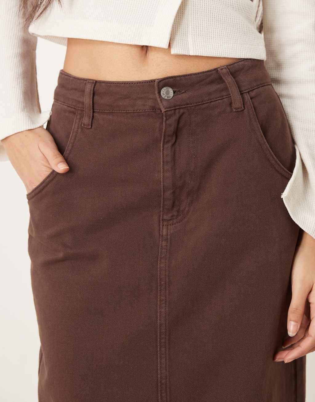 ASOS DESIGN denim maxi skirt with back slit in brown tint Product Image
