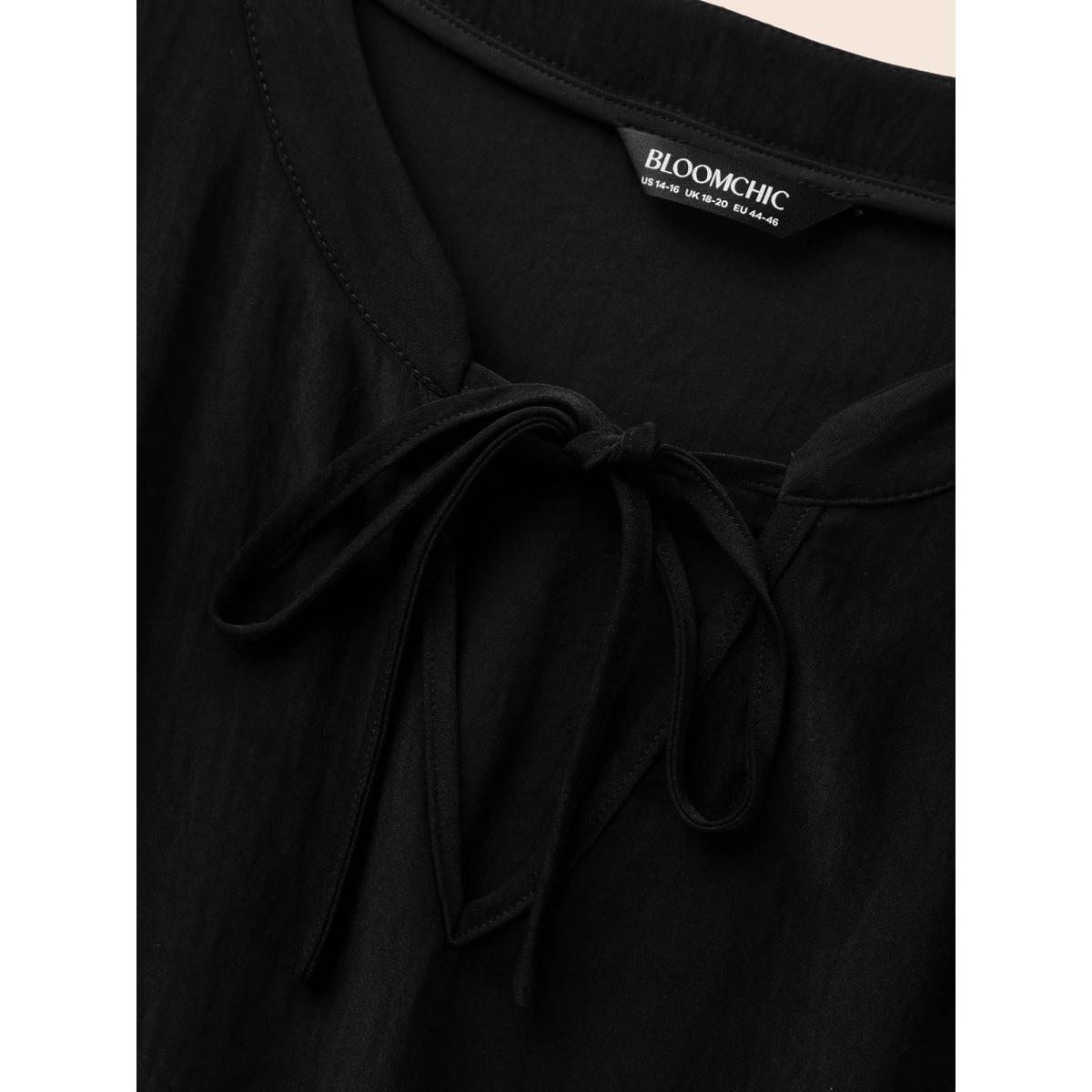 Plus Size Embroidered Flare Cuffs Midi Dress Black Women Resort Woven ribbon&lace trim Notched collar Long Sleeve Curvy BloomChic 14-16/1X Product Image