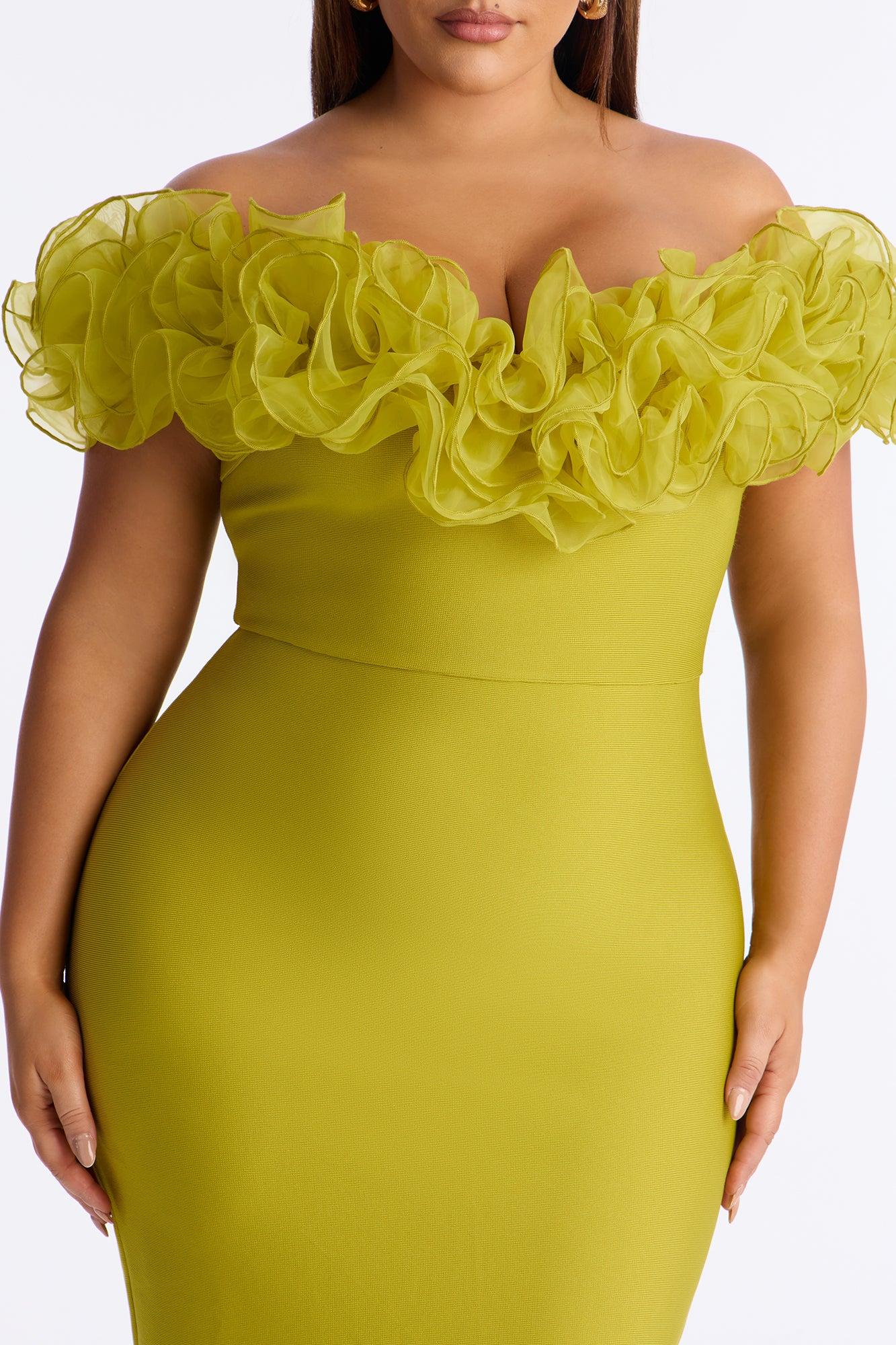 Date Night Ruffle Bandage Midi Dress - Chartreuse Female Product Image