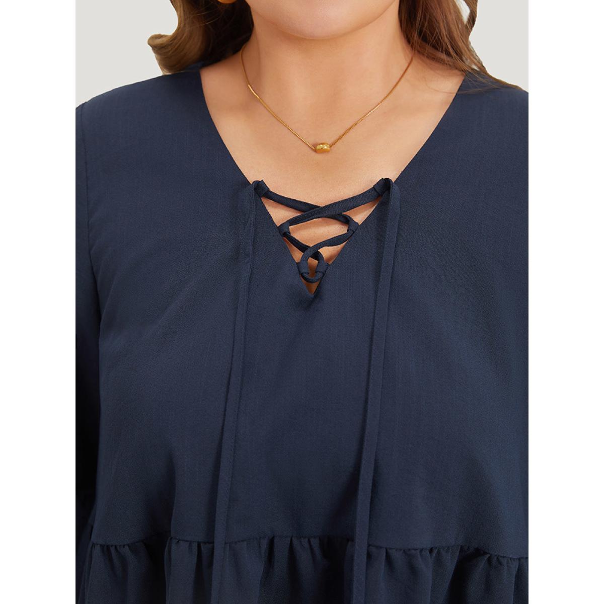 Plus Size Indigo Plain Lace Up Flutter Gathered Bell Sleeve Blouse Women Elegant Elbow-length sleeve Tie Neck Dailywear Blouses BloomChic 12/L Product Image