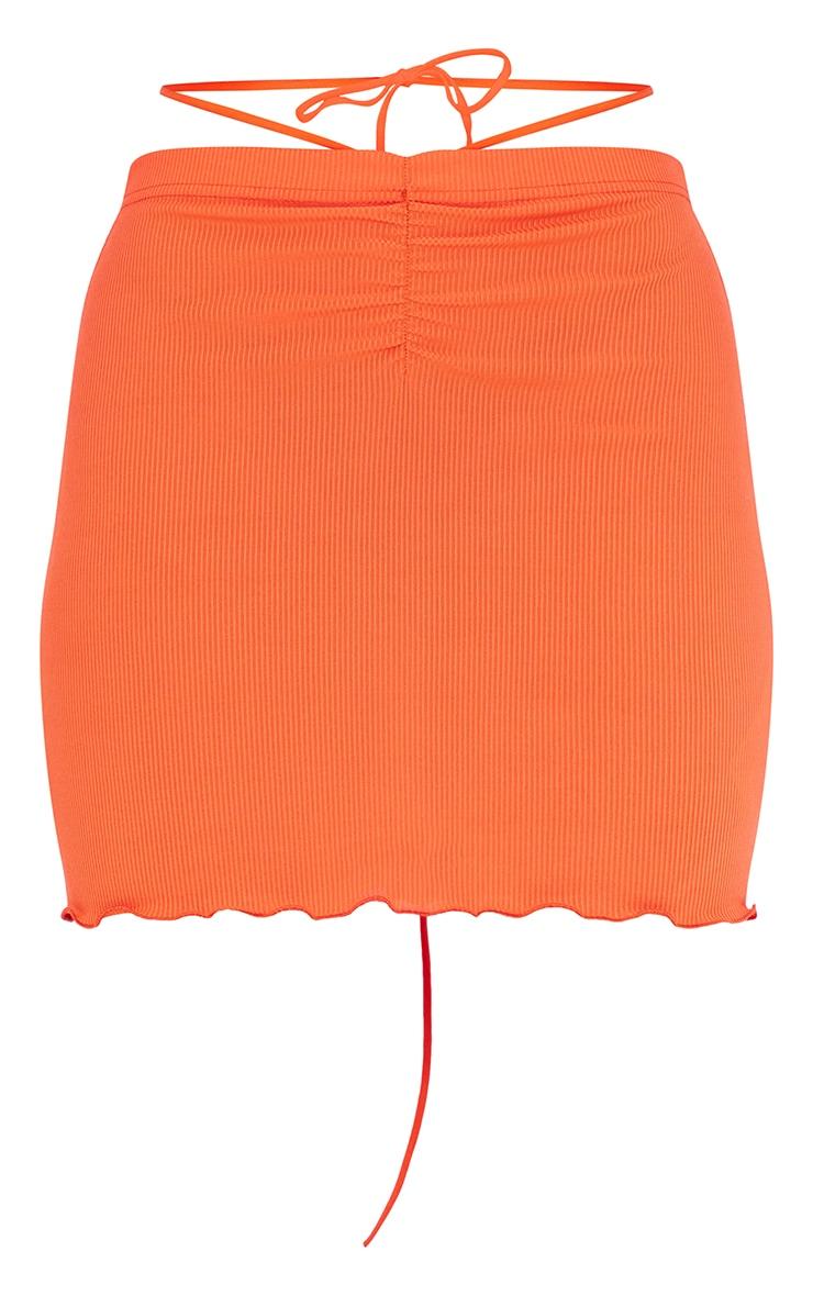 Bright Orange Rib Tie Waist Frill Edge Mini Skirt Product Image