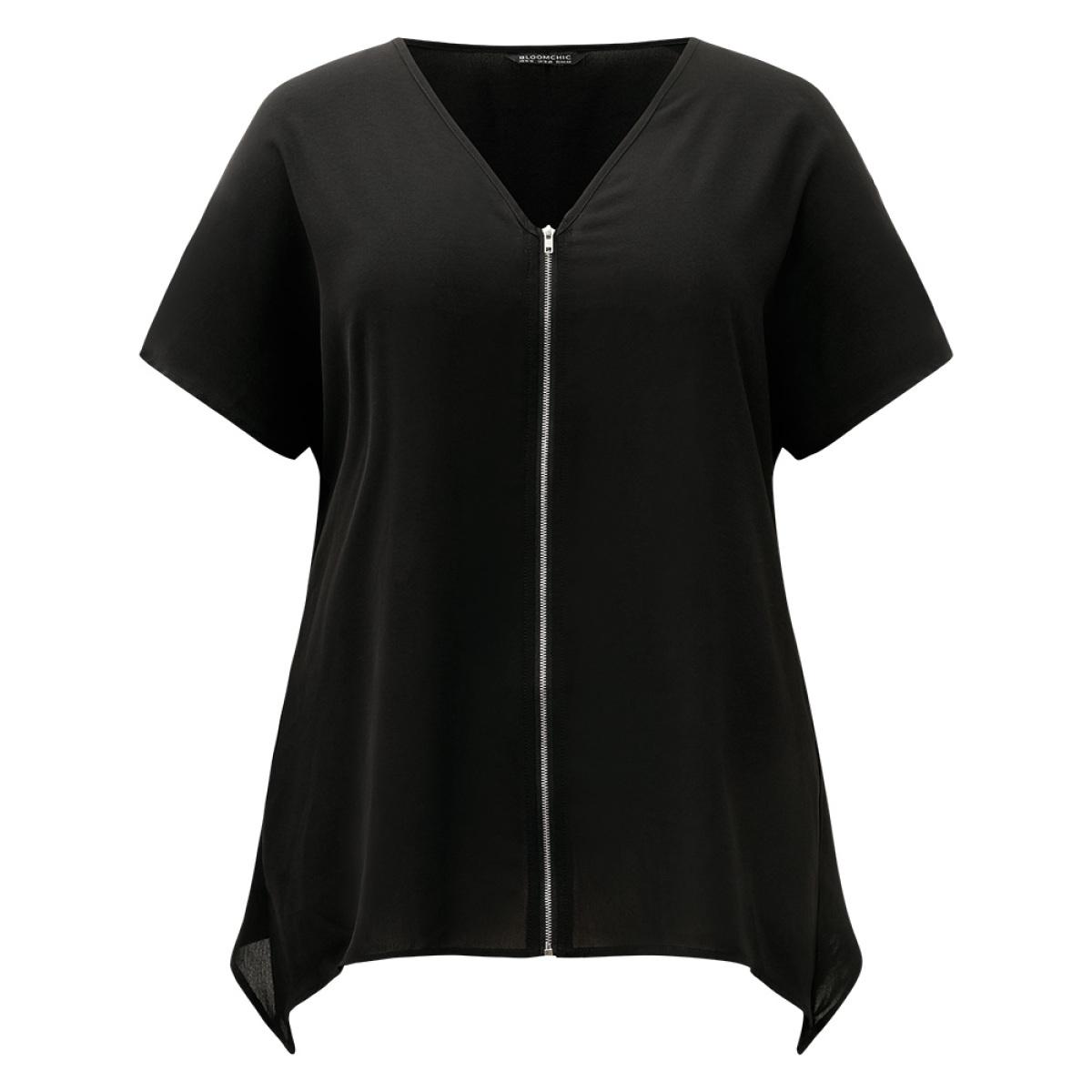 Plus Size Black Plain Zipper Curved Hem Blouse Women Office Short sleeve V-neck Work Blouses BloomChic 10/M Product Image