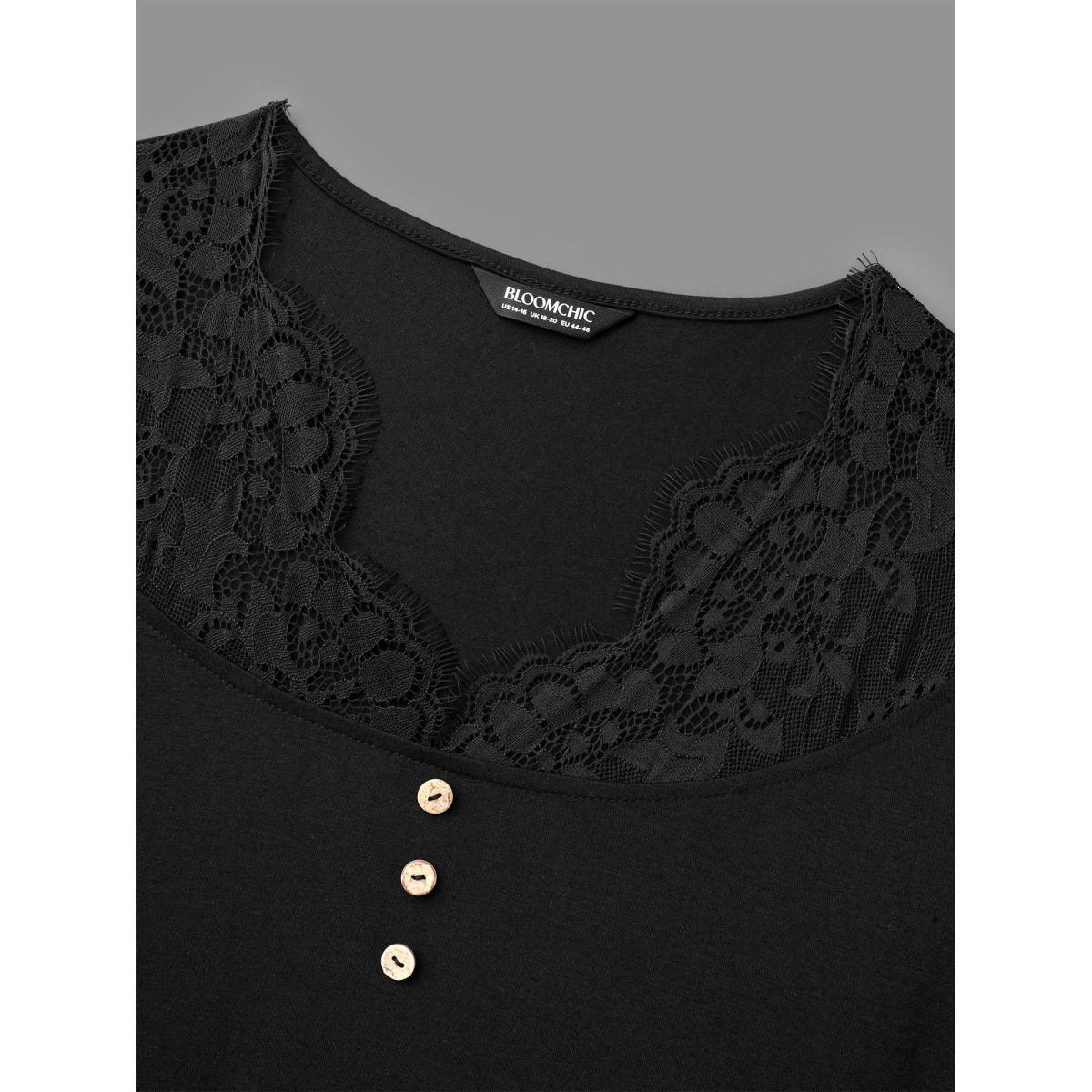 Plus Size Lace Trim Stitch Button Detail Dress Black Women Elegant Woven ribbon&lace trim Knit Dresses Bloomchic 12/L Product Image