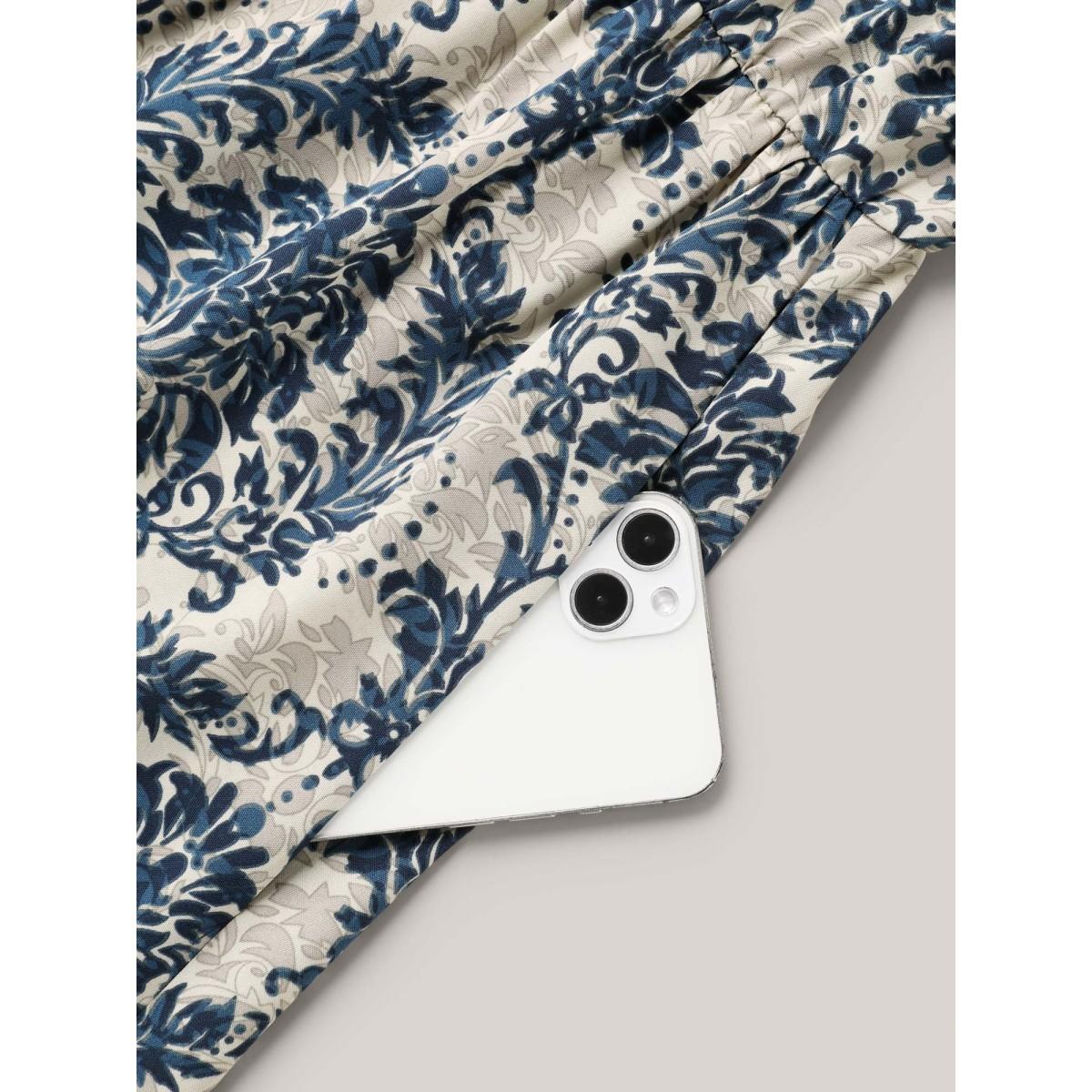 Plus Size Ornate Print Curvy Hem Tied Maxi Dress Navy Women Resort Tie knot V-neck Short sleeve Curvy BloomChic 28/5X Product Image