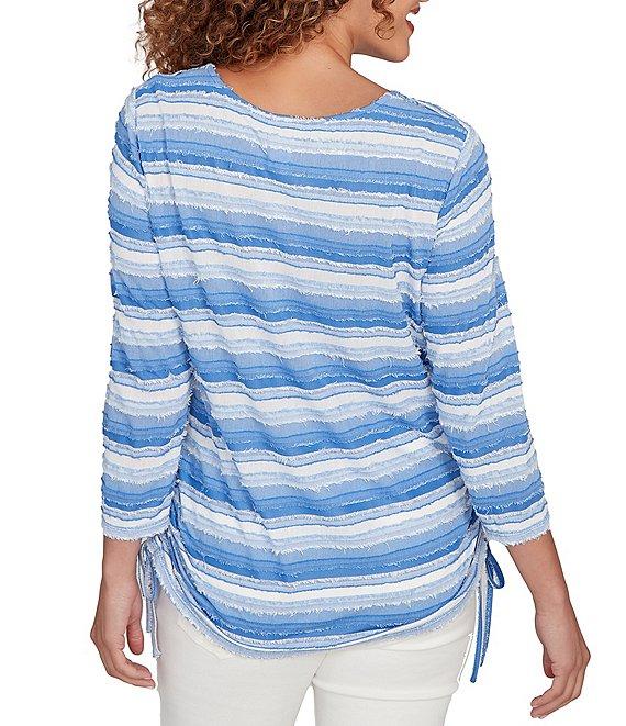 Ruby Rd. Petite Size Yarn-Dyed Eyelash Stripe Scoop Neck 3/4 Sleeve Adjustable Side Ties Top Product Image