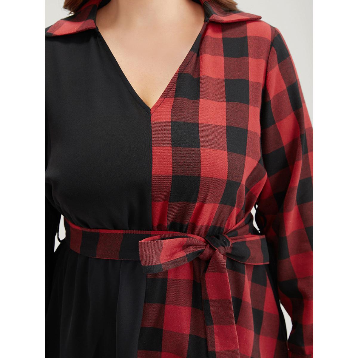 Plus Size Plaid Patchwork Belted Hanky Hem Dress Black Women Casual Belted V-neck Long Sleeve Curvy Midi Dress BloomChic 12/L Product Image
