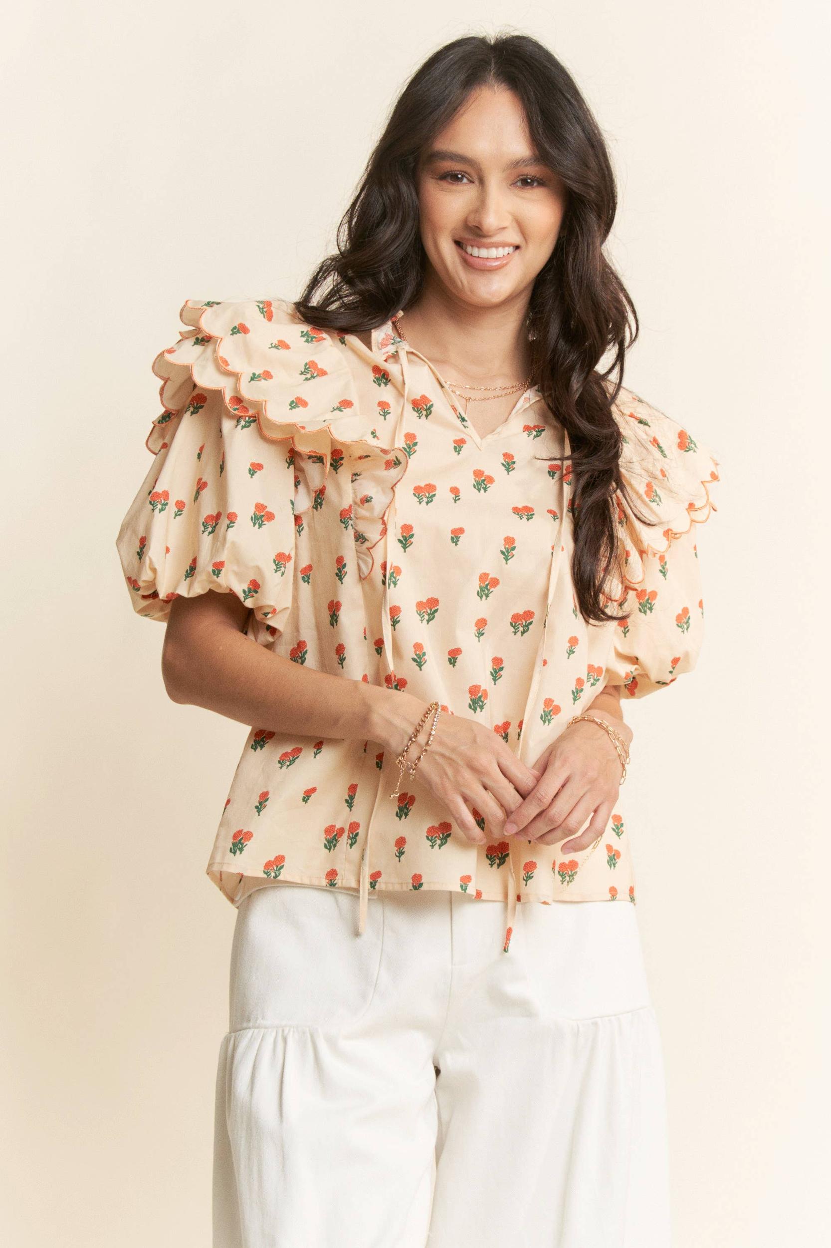 CONTRAST EDGE RUFFLE PUFF SLEEVE BLOUSE TOP: MOCHA BROWN Product Image