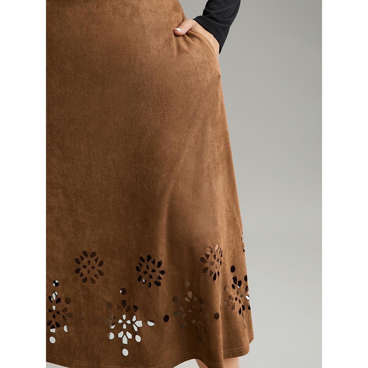 Plus Size Plain Elastic Waist Pocket Laser Cut Skirt Women DarkBrown Office Plain No stretch Pocket Work Skirts BloomChic 30/6X Product Image