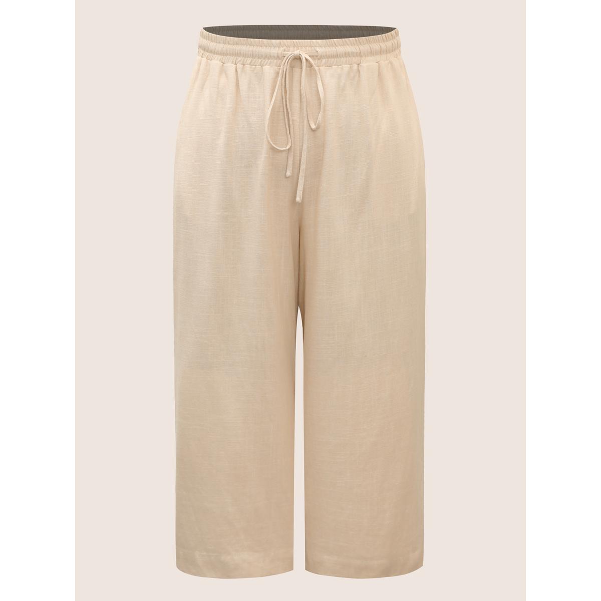 Plus Size Linen Blend Drawstring Mid Rise Wide Leg Pants Women Beige Casual Wide Leg Mid Rise Everyday Pants BloomChic 10/M Product Image