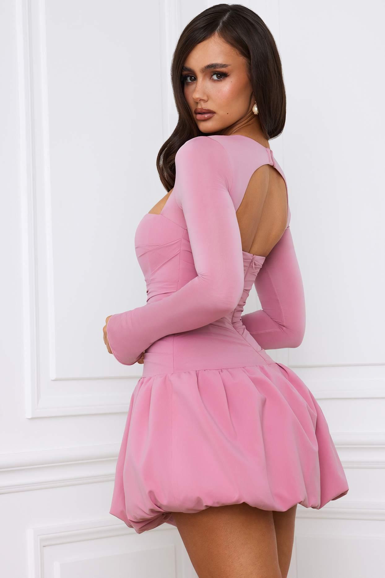 Long-Sleeve Bubble Hem Mini Dress in Mauve Product Image