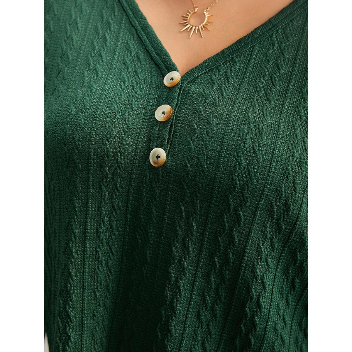 Plus Size Textured Plain Button Up V Neck Sweatshirt Women Green Casual Texture V-neck Dailywear Sweatshirts BloomChic 22-24/3X Product Image