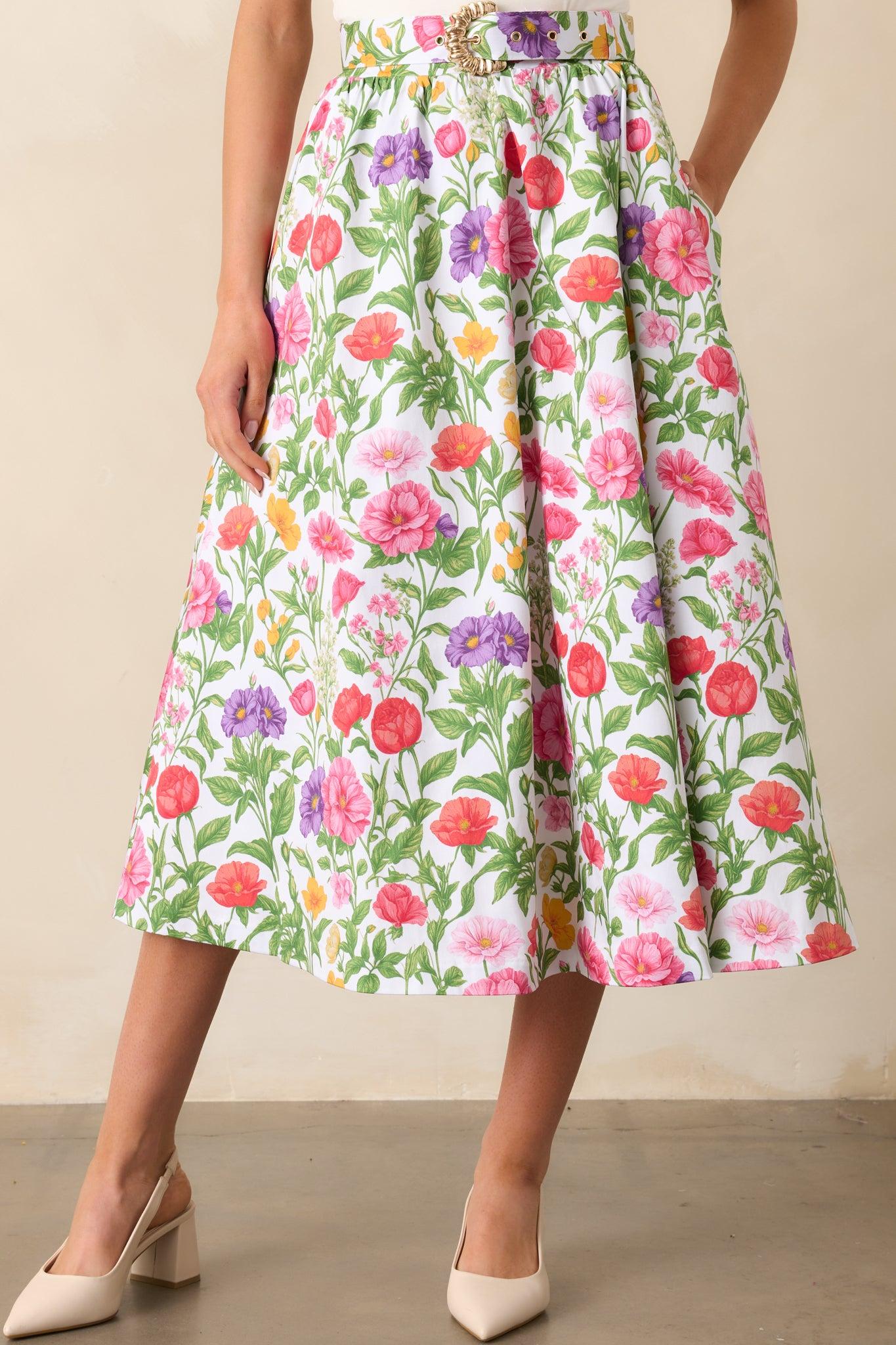 Thena Secret Garden Floral Cotton Belted Midi Skirt Product Image