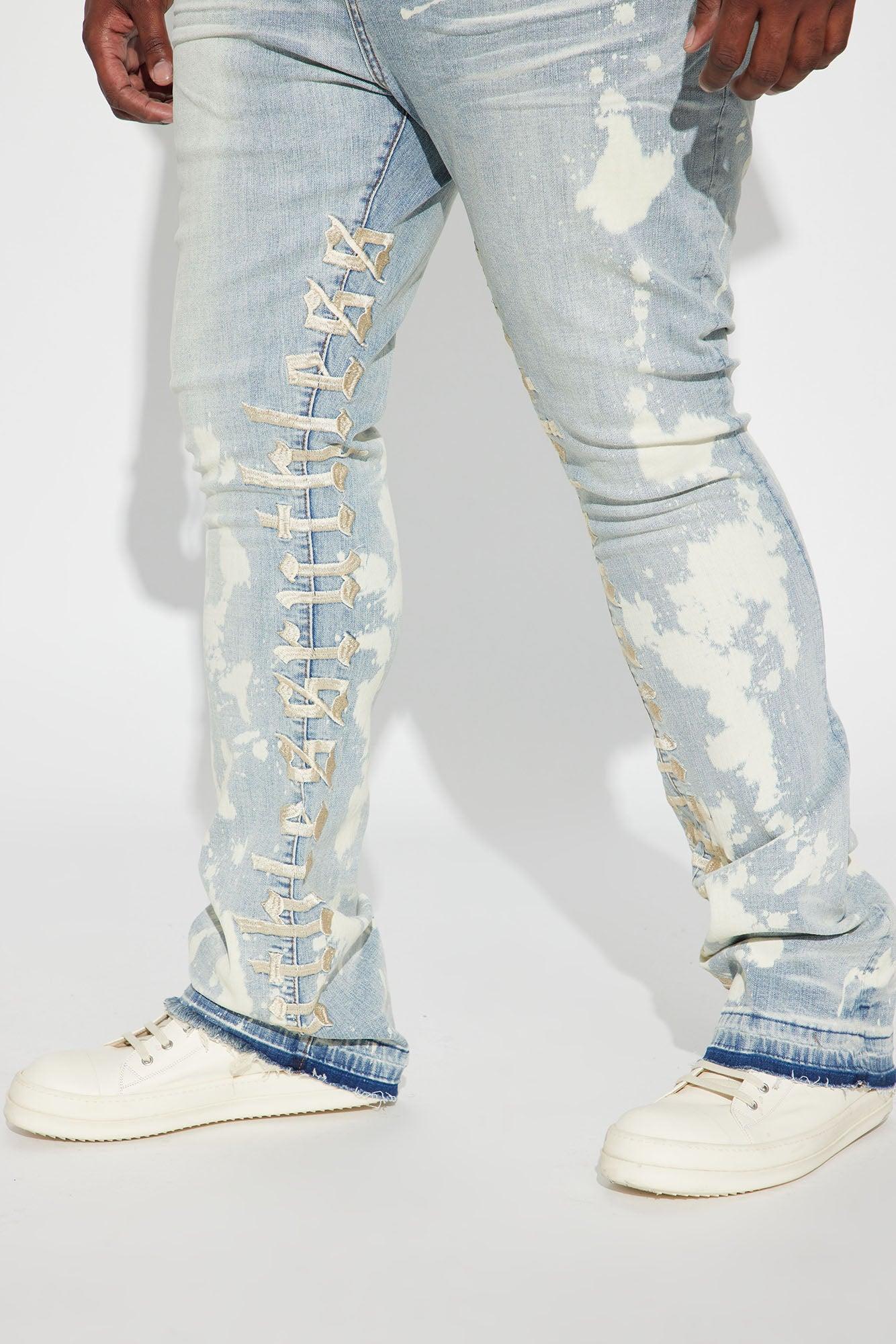 Ruthless Embroidered Stacked Skinny Flare Jeans - Bleach Blue Wash Product Image
